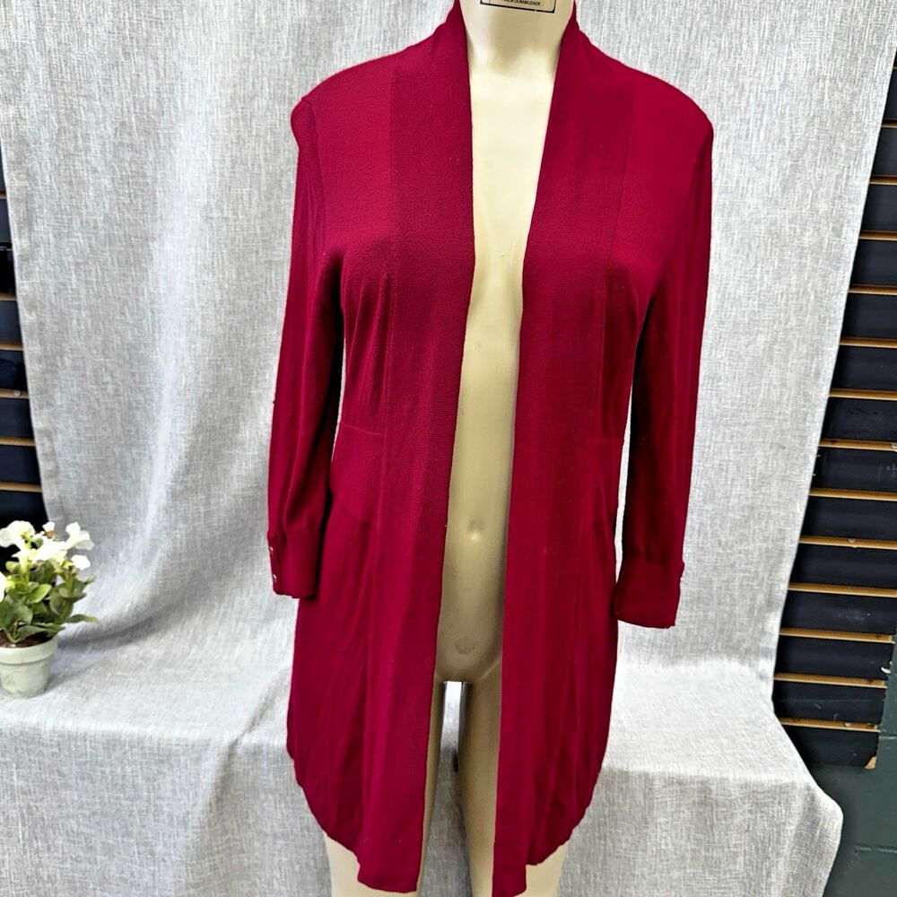 White House Black Market Ruby Red Ribbed Duster Open Front Long Cardigan S